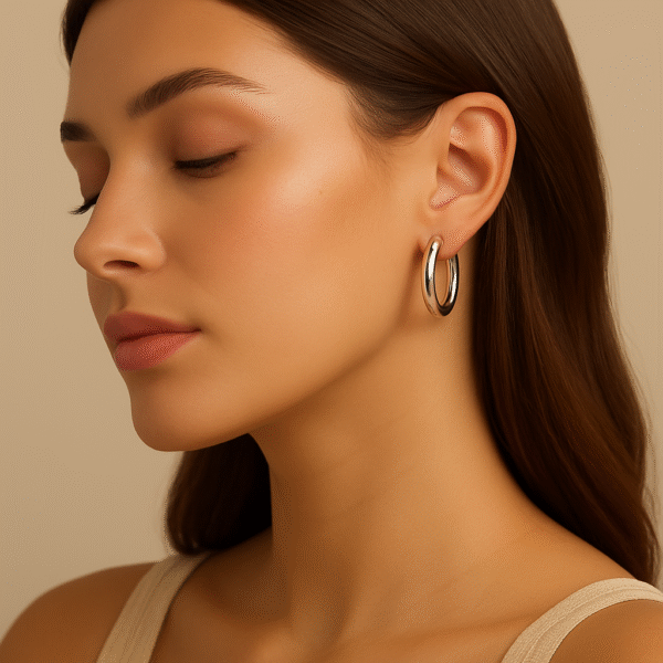 Argolas femininas em aço inoxidável 316, com acabamento espelhado e design clássico. Leves, hipoalergénicas e resistentes, ideais para um visual elegante e intemporal.